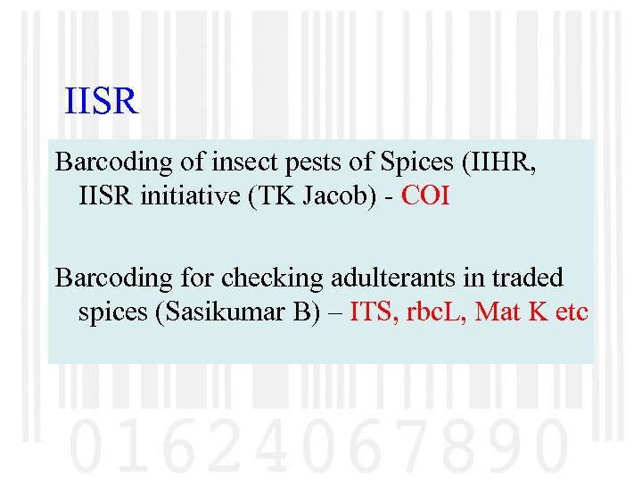 IISR Barcoding of insect pests of Spices (IIHR, IISR initiative (TK Jacob) - COI