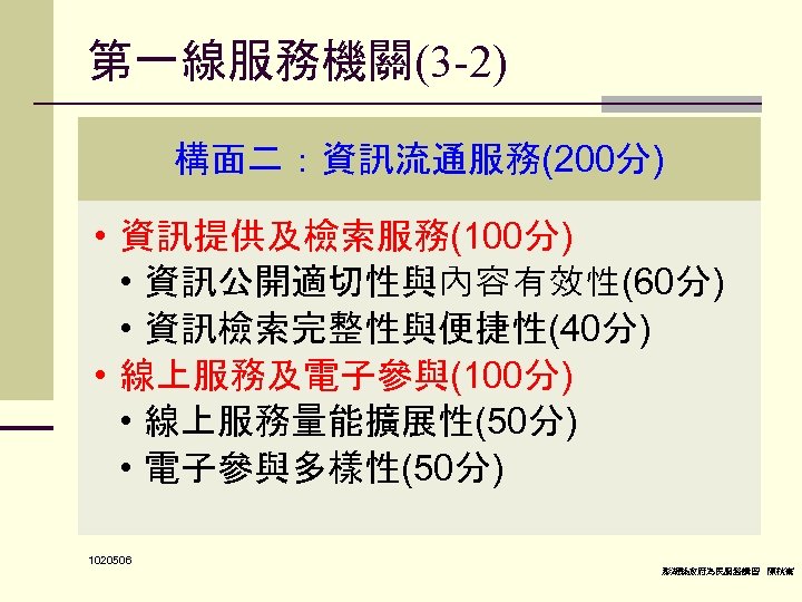 第一線服務機關(3 -2) 構面二：資訊流通服務(200分) • 資訊提供及檢索服務(100分) • 資訊公開適切性與內容有效性(60分) • 資訊檢索完整性與便捷性(40分) • 線上服務及電子參與(100分) • 線上服務量能擴展性(50分) •