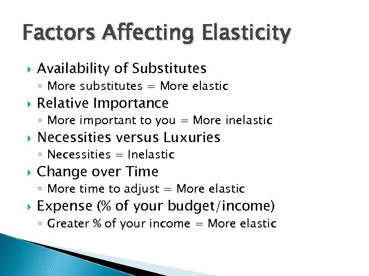 Factors Affecting Elasticity Availability of Substitutes ◦ More substitutes = More elastic Relative Importance