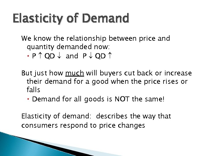 Elasticity of Demand We know the relationship between price and quantity demanded now: P