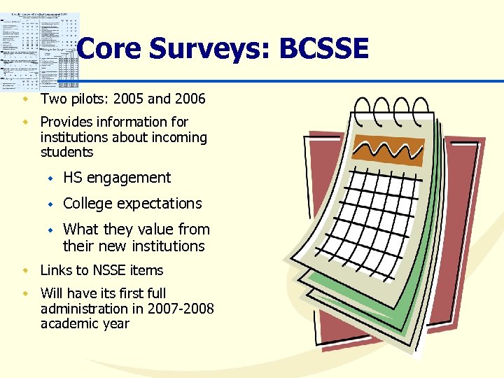 Core Surveys: BCSSE w Two pilots: 2005 and 2006 w Provides information for institutions