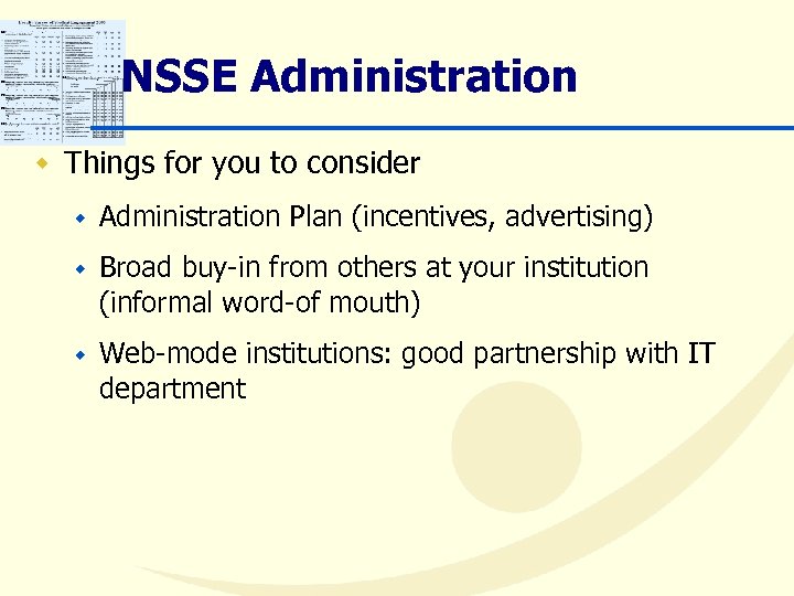 NSSE Administration w Things for you to consider w Administration Plan (incentives, advertising) w