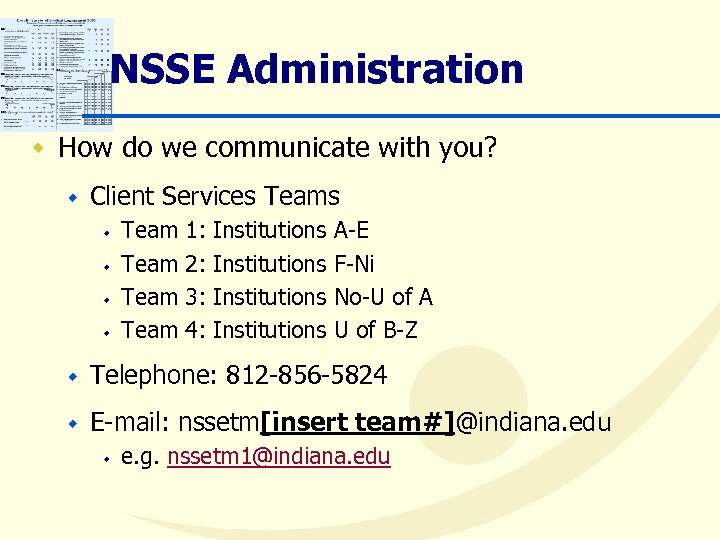 NSSE Administration w How do we communicate with you? w Client Services Teams w