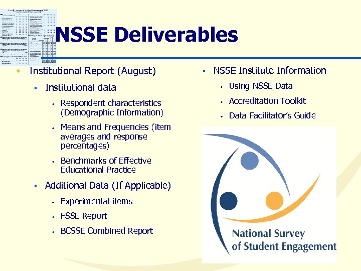 NSSE Deliverables w Institutional Report (August) w Institutional data w w Respondent characteristics (Demographic