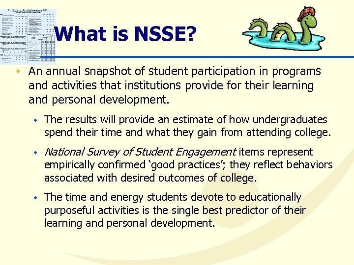 What is NSSE? w An annual snapshot of student participation in programs and activities