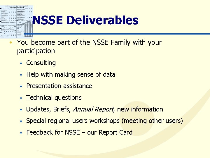 NSSE Deliverables w You become part of the NSSE Family with your participation w