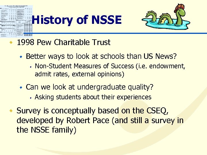 History of NSSE w 1998 Pew Charitable Trust w Better ways to look at