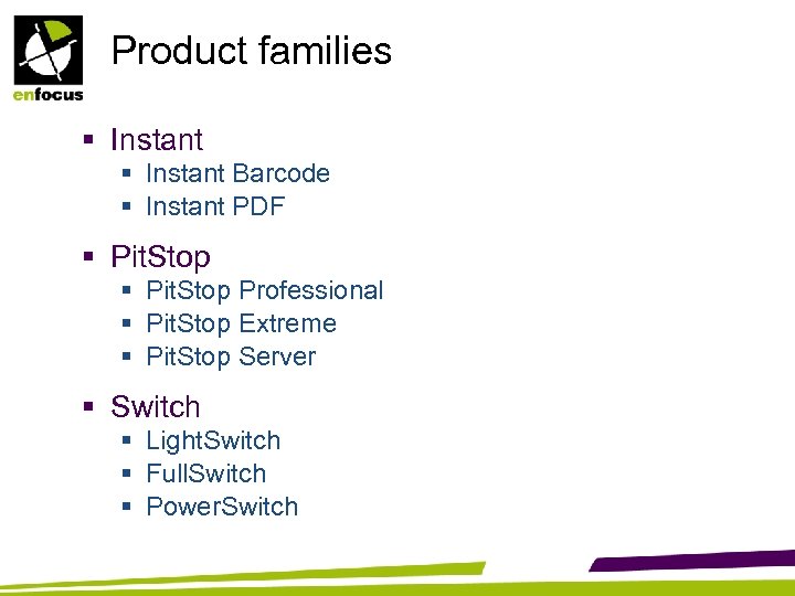 Product families § Instant Barcode § Instant PDF § Pit. Stop Professional § Pit.