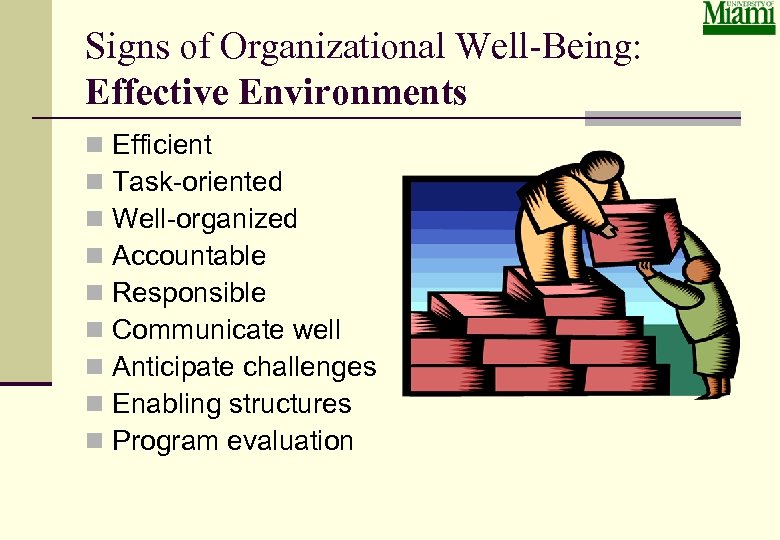 Signs of Organizational Well-Being: Effective Environments n n n n n Efficient Task-oriented Well-organized