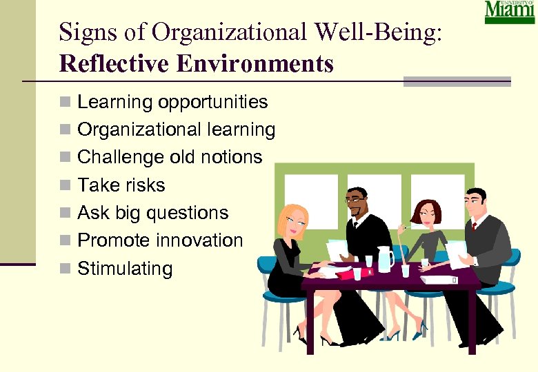 Signs of Organizational Well-Being: Reflective Environments n Learning opportunities n Organizational learning n Challenge