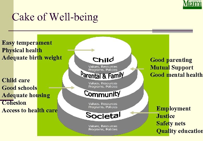 Cake of Well-being Easy temperament Physical health Adequate birth weight Child care Good schools