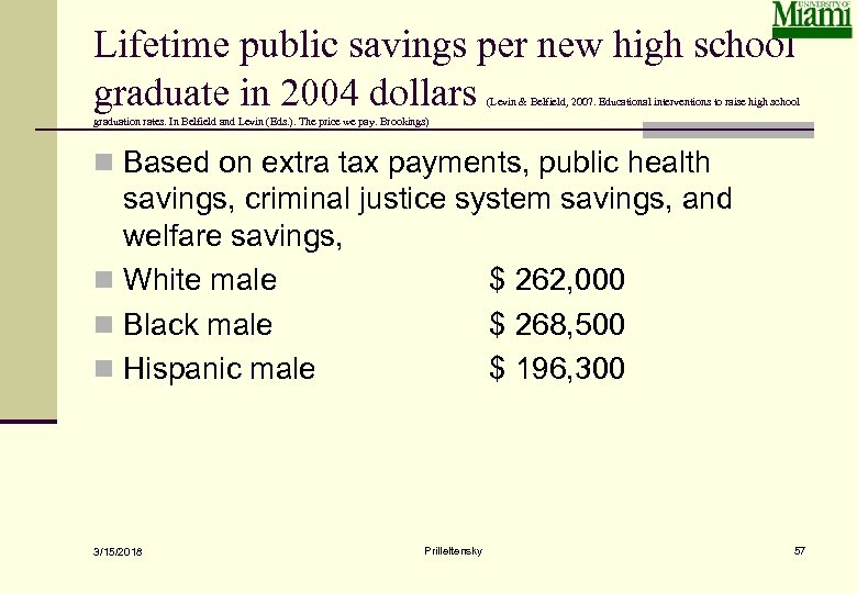 Lifetime public savings per new high school graduate in 2004 dollars (Levin & Belfield,