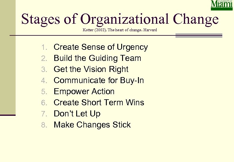 Stages of Organizational Change Kotter (2002). The heart of change. Harvard 1. 2. 3.