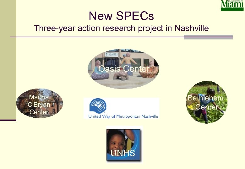 New SPECs Three-year action research project in Nashville Oasis Center Martha O’Bryan Center Bethlehem