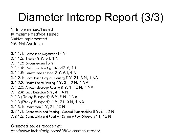 Diameter Interop Report (3/3) Y=Implemented/Tested I=Implemented/Not Tested N=Not Implemented NA=Not Available 3. 1. 1.