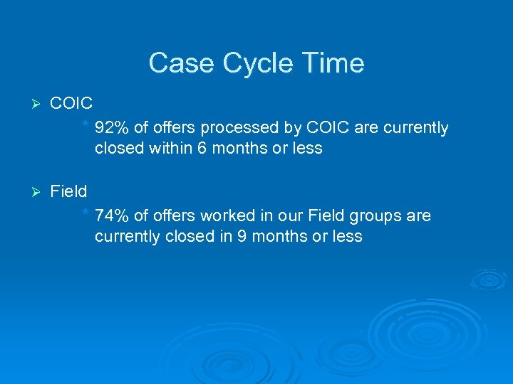 Case Cycle Time Ø COIC * 92% of offers processed by COIC are currently