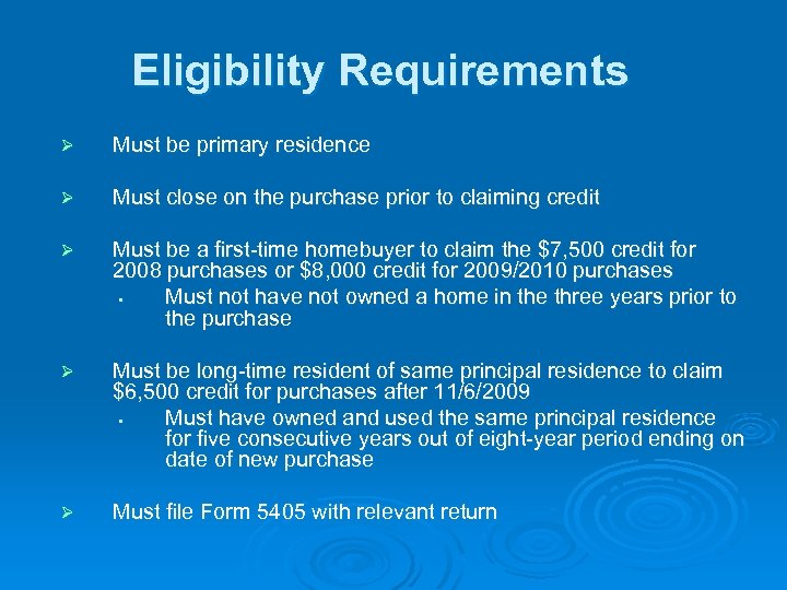 Eligibility Requirements Ø Must be primary residence Ø Must close on the purchase prior