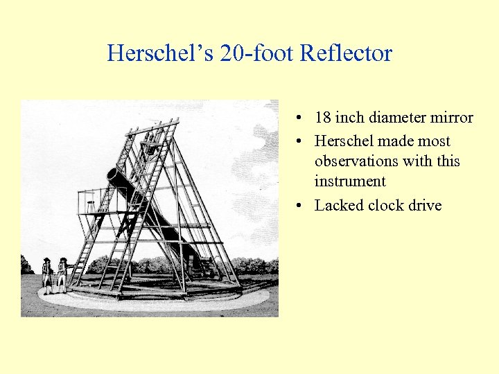 Herschel’s 20 -foot Reflector • 18 inch diameter mirror • Herschel made most observations