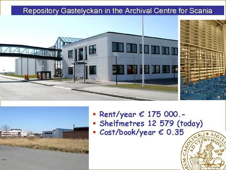 Repository Gastelyckan in the Archival Centre for Scania § Rent/year € 175 000. §