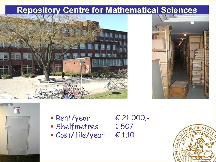 Repository Centre for Mathematical Sciences § Rent/year § Shelfmetres § Cost/file/year € 21 000.