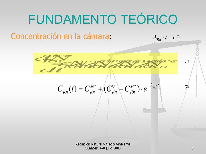 FUNDAMENTO TEÓRICO Concentración en la cámara: (1) (2) Radiación Natural y Medio Ambiente Suances,