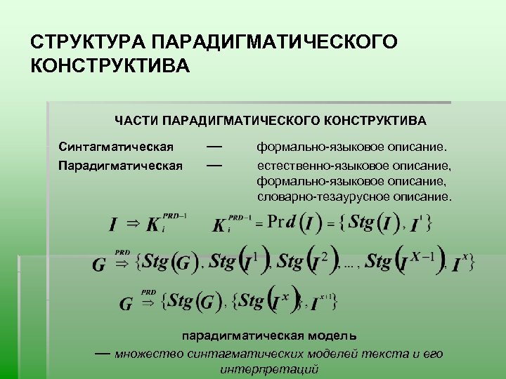 СТРУКТУРА ПАРАДИГМАТИЧЕСКОГО КОНСТРУКТИВА ЧАСТИ ПАРАДИГМАТИЧЕСКОГО КОНСТРУКТИВА Синтагматическая Парадигматическая — — формально языковое описание. естественно