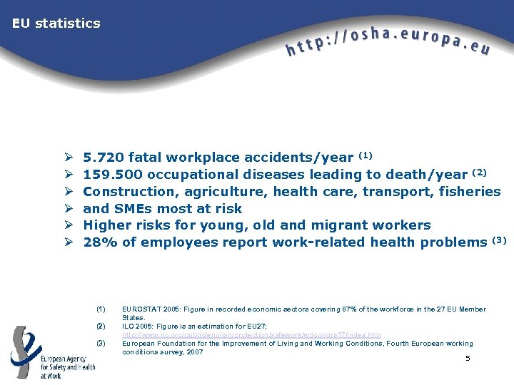 EU statistics Ø Ø Ø 5. 720 fatal workplace accidents/year (1) 159. 500 occupational