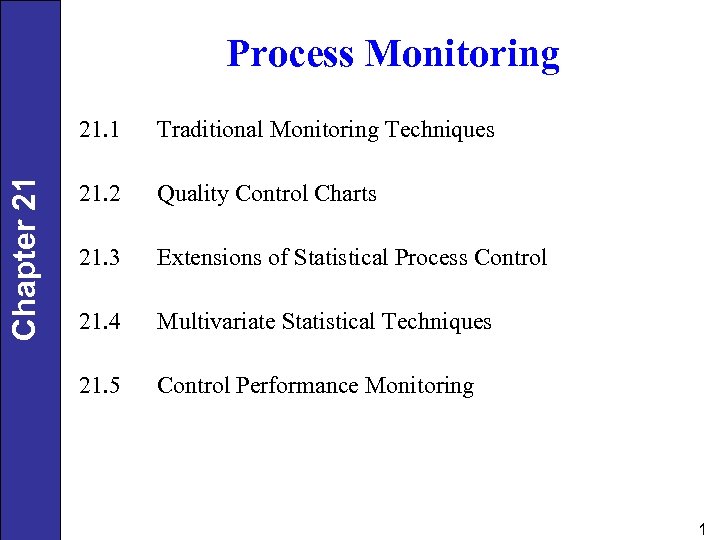 Process Monitoring Chapter 21 21. 1 Traditional Monitoring Techniques 21. 2 Quality Control Charts