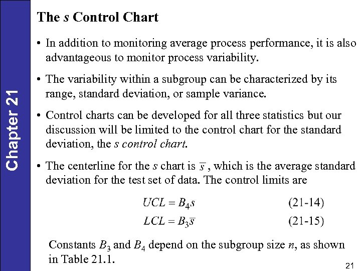 The s Control Chart Chapter 21 • In addition to monitoring average process performance,