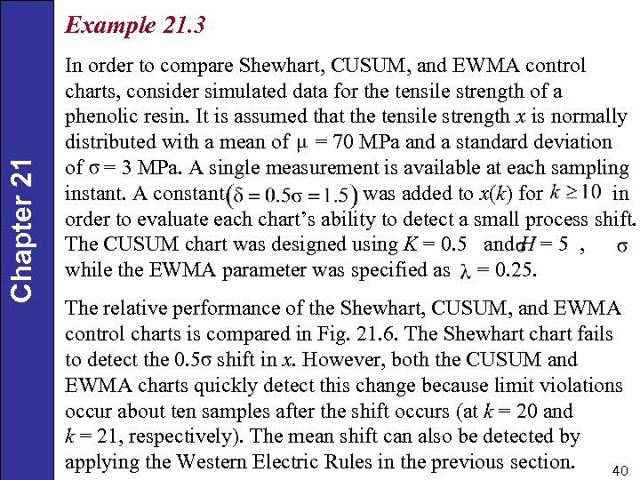 Chapter 21 Example 21. 3 In order to compare Shewhart, CUSUM, and EWMA control