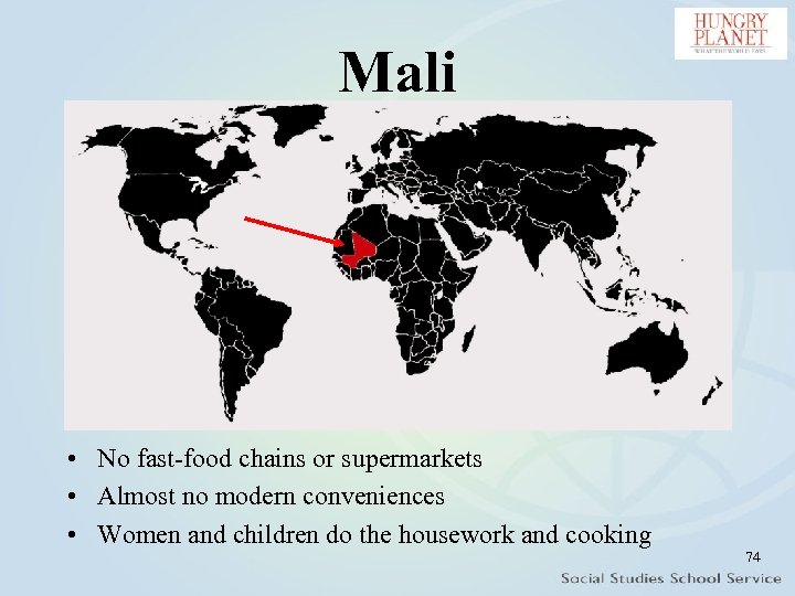 Mali • No fast-food chains or supermarkets • Almost no modern conveniences • Women