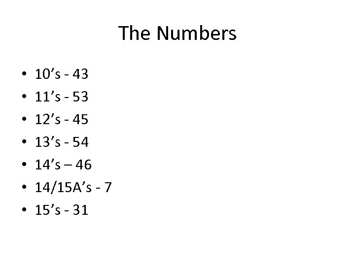 The Numbers • • 10’s - 43 11’s - 53 12’s - 45 13’s