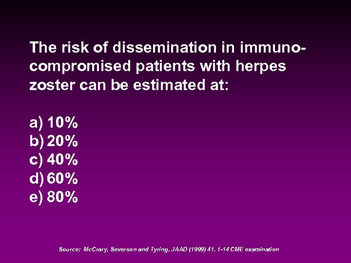The risk of dissemination in immunocompromised patients with herpes zoster can be estimated at:
