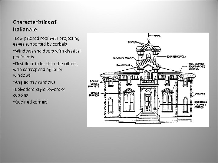 Characteristics of Italianate • Low-pitched roof with projecting eaves supported by corbels • Windows