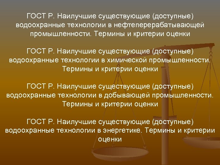 ГОСТ Р. Наилучшие существующие (доступные) водоохранные технологии в нефтеперерабатывающей промышленности. Термины и критерии оценки