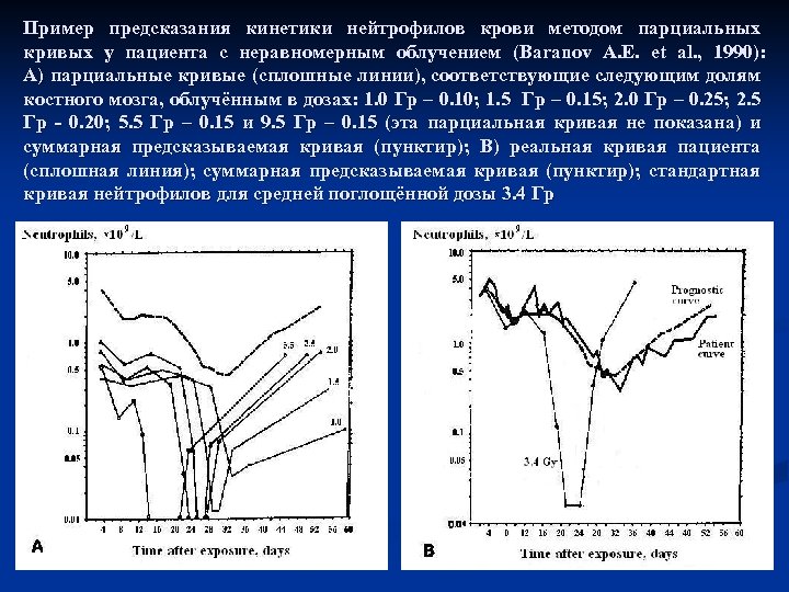 Пример предсказания кинетики нейтрофилов крови методом парциальных кривых у пациента с неравномерным облучением (Baranov