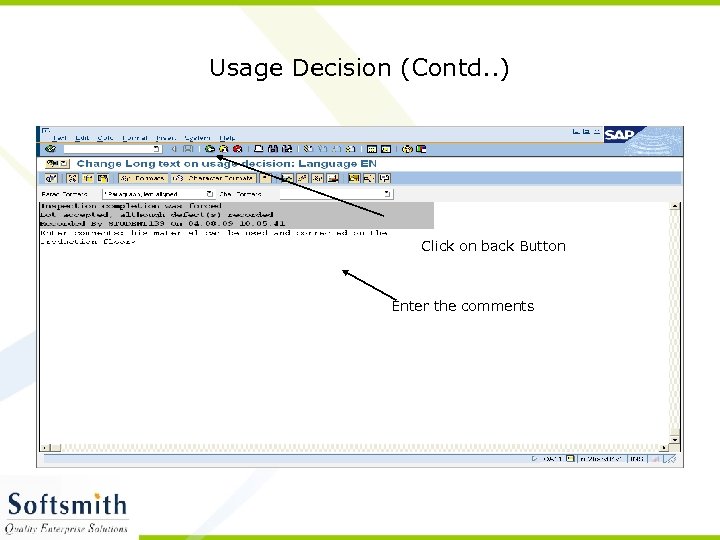 Usage Decision (Contd. . ) Click on back Button Enter the comments 