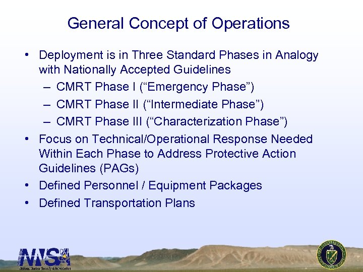 General Concept of Operations • Deployment is in Three Standard Phases in Analogy with