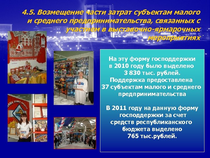 4. 5. Возмещение части затрат субъектам малого и среднего предпринимательства, связанных с участием в