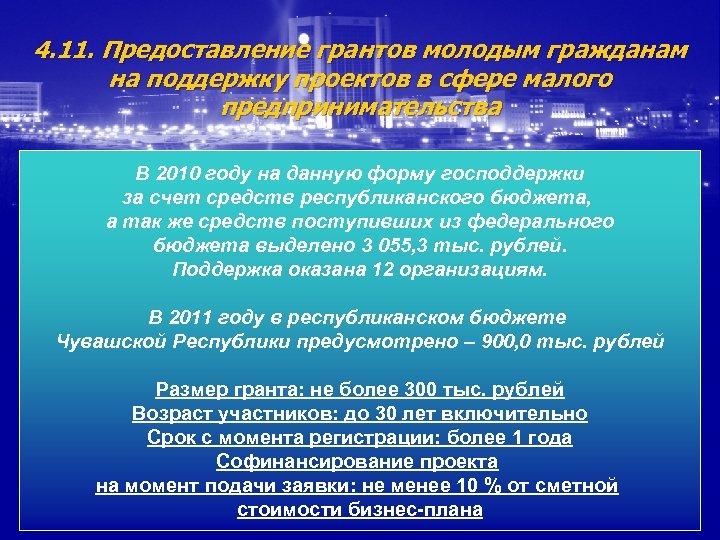 4. 11. Предоставление грантов молодым гражданам на поддержку проектов в сфере малого предпринимательства В
