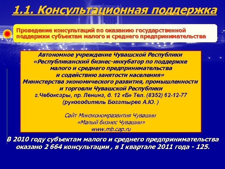 1. 1. Консультационная поддержка Проведение консультаций по оказанию государственной поддержки субъектам малого и среднего