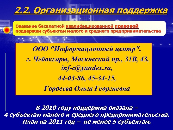 2. 2. Организационная поддержка Оказание бесплатной квалифицированной правовой поддержки субъектам малого и среднего предпринимательства