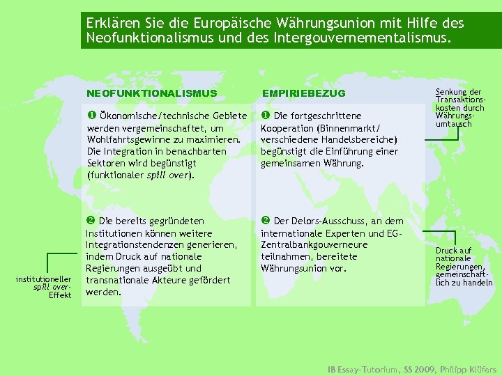 Erklären Sie die Europäische Währungsunion mit Hilfe des Neofunktionalismus und des Intergouvernementalismus. NEOFUNKTIONALISMUS Ökonomische/technische