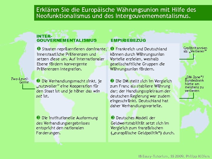 Erklären Sie die Europäische Währungsunion mit Hilfe des Neofunktionalismus und des Intergouvernementalismus. INTERGOUVERNEMENTALISMUS EMPIRIEBEZUG