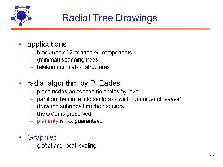 Radial Tree Drawings • applications – block-tree of 2 -connected components – (minimal) spanning