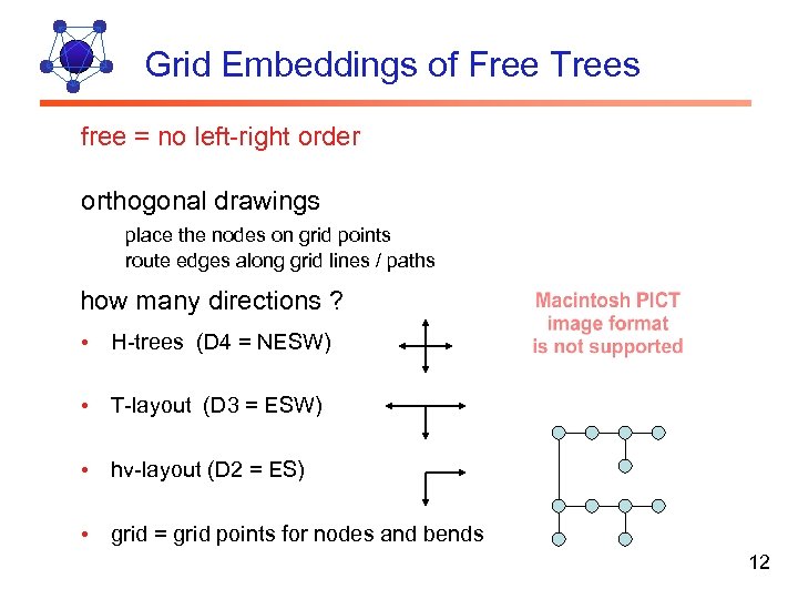 Grid Embeddings of Free Trees free = no left-right order orthogonal drawings place the