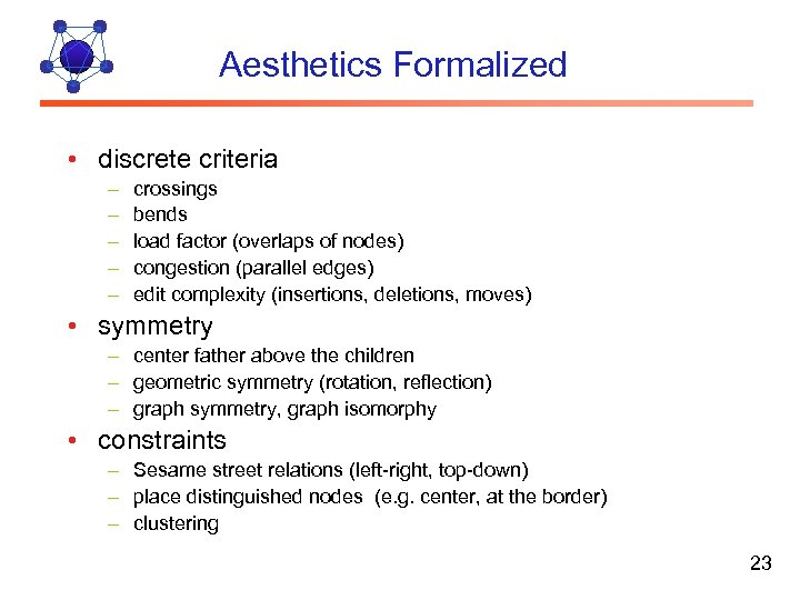 Aesthetics Formalized • discrete criteria – – – crossings bends load factor (overlaps of