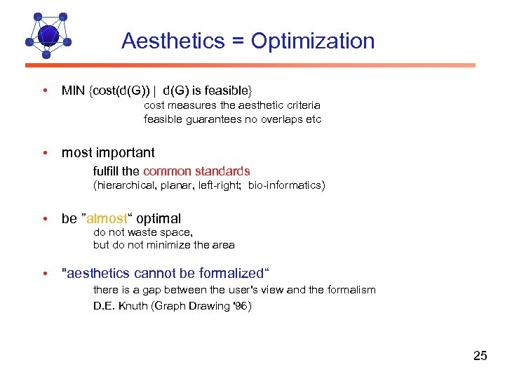 Aesthetics = Optimization • MIN {cost(d(G)) | d(G) is feasible} cost measures the aesthetic