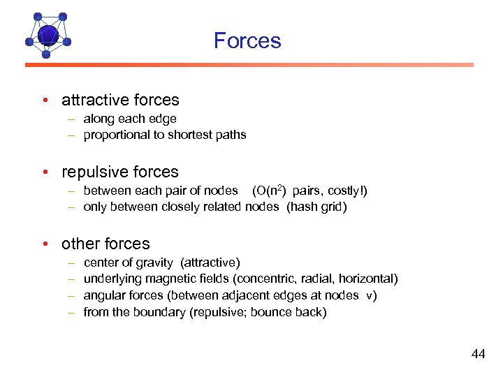 Forces • attractive forces – along each edge – proportional to shortest paths •