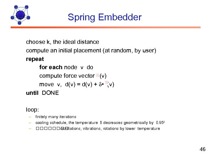 Spring Embedder choose k, the ideal distance compute an initial placement (at random, by